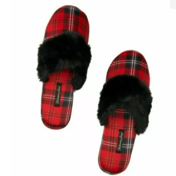 Victoria's Secret Signature Satin Slipper Black Sequin Plaid Large (9-10) NWT - Picture 1 of 3